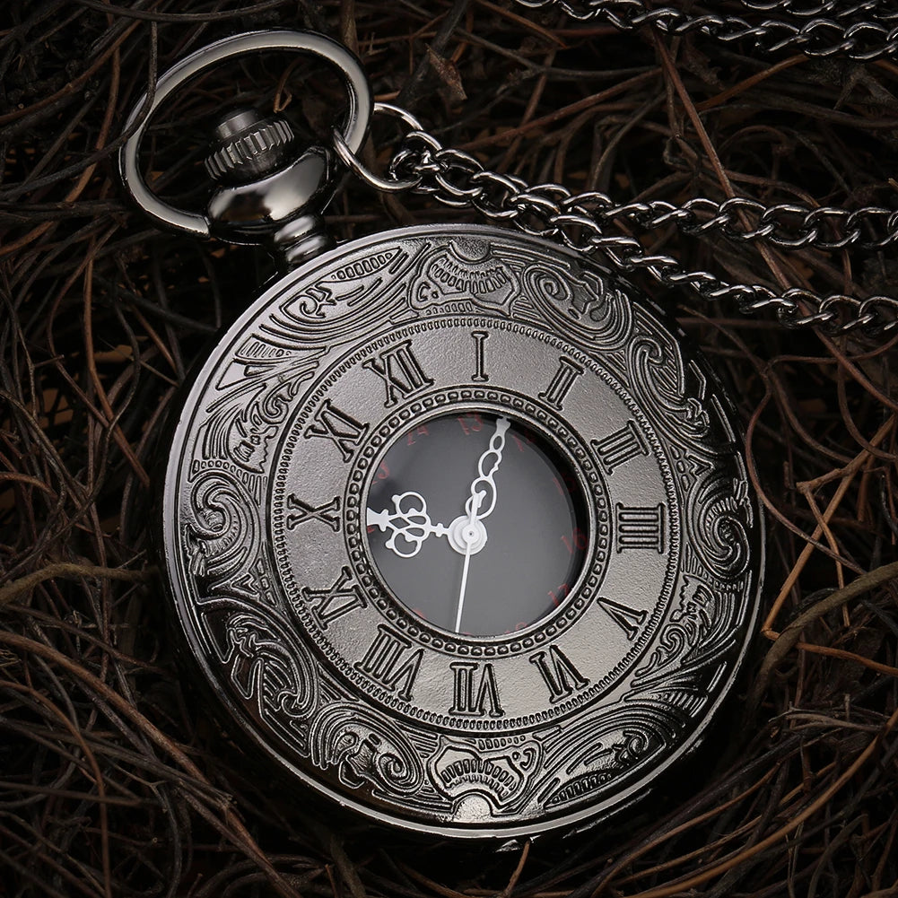 Vintage Charm Black Unisex Fashion Roman Number Quartz Steampunk Pocket Watch Women Man Necklace Pendant with Chain Gifts P427