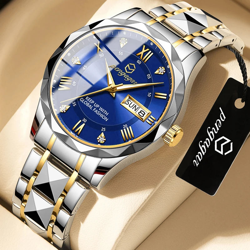 PENGAGAR Luxury Square Sport Man Wristwatch Waterproof Luminous Chronograph Quartz Men's Watches Stainless Steel Men Watch Reloj