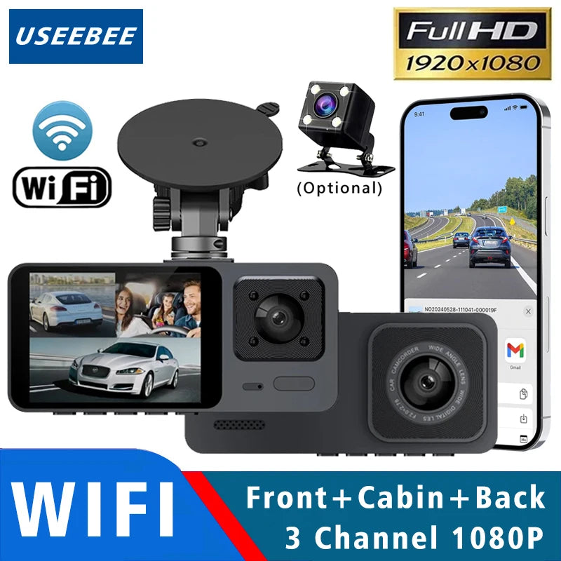 Wifi 3 Camera Car Dvr 3 Channel Dash Cam FHD 1080P Dash Camera Interior Dashcam Video Recorder Black Box 24H Parking Monitoring