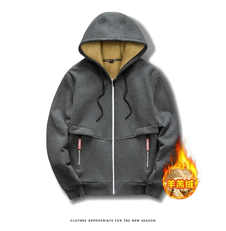 Men's Winter Warm Hoodies Sweatshirts Thickened Lamb Fleece Lining Hooded Jackets Windproof Zip Casual Hooded Sportwear for Men