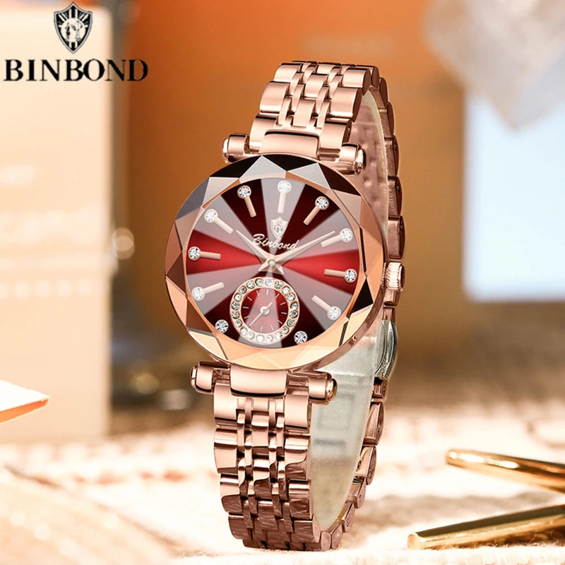 BINBOND Fashion Elegant Women Quartz Watches Original Heart Of The Ocean Design Waterproof Luminous Diamond Lady Casual Watches