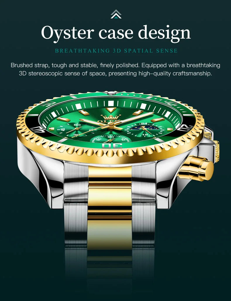 OLEVS Men's Watches Top Brand Luxury Watch for Men Original Waterproof Stainless Steel Chronograph Moon Phase Date Rota Dial