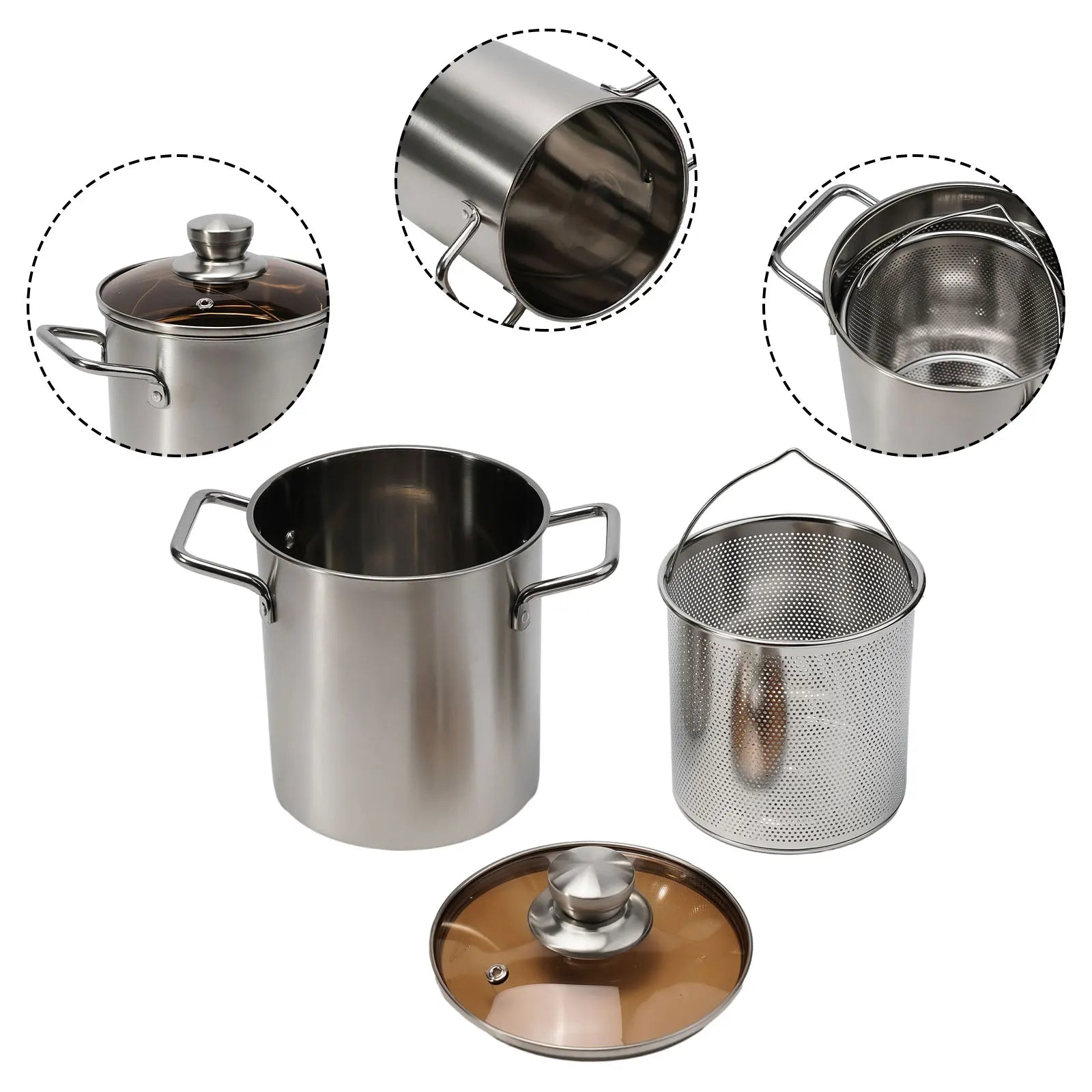 1Pc Silver Stainless Steel Frying Pot With Basket Multipurpose Deep Frying Pot Milk Pot Soup Pot Kitchen Supplies Cooker