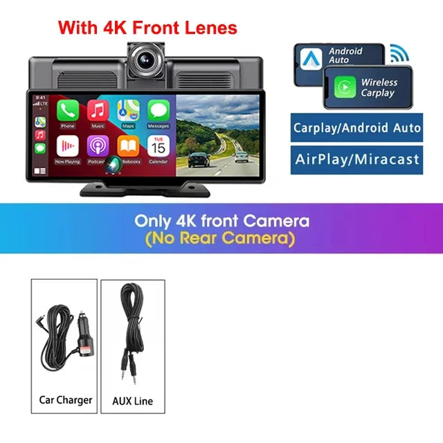 Srnubi 10.26" Dash Cam Rearview Carplay Android Auto 4K DVR Navigation Player Dual Len Recorder Dashboard WIFI BT