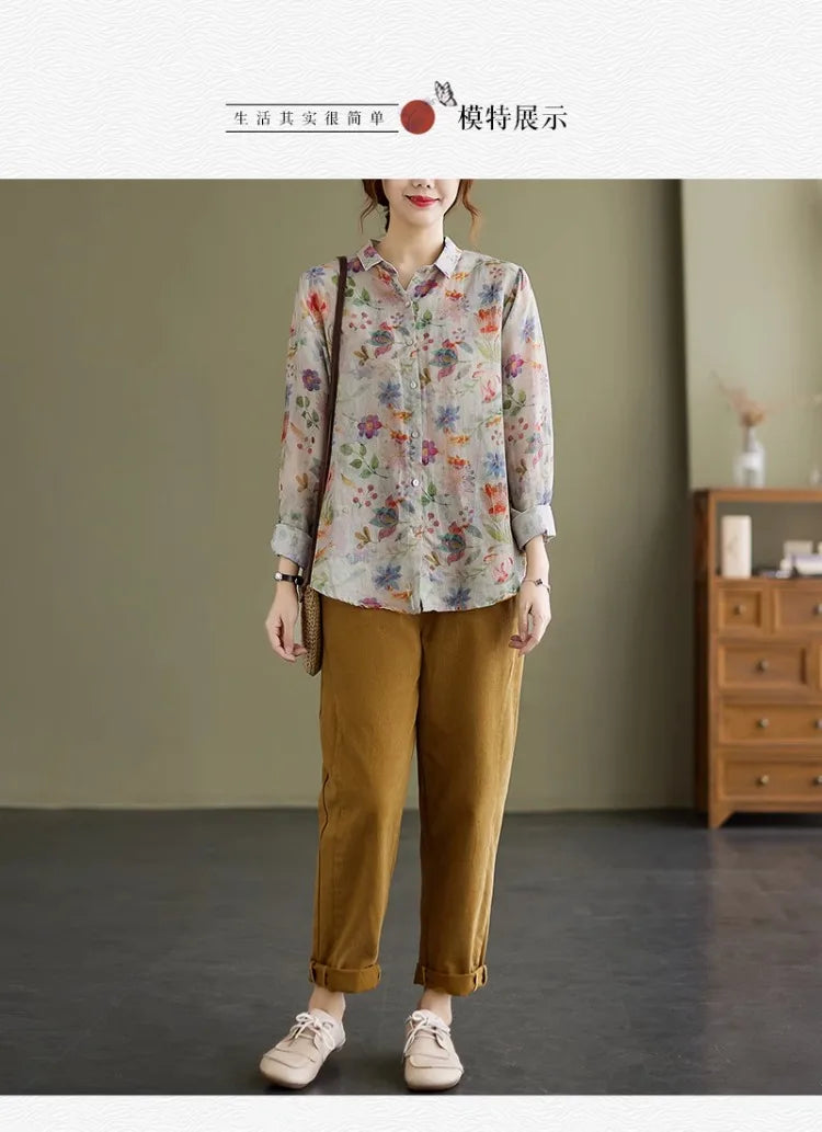 Women's Clothing Shirts Blouse Camisas Women Shirts Vintage Blusa Mujer Cotton Linen Casual Print Long Sleeve Flower Autumn