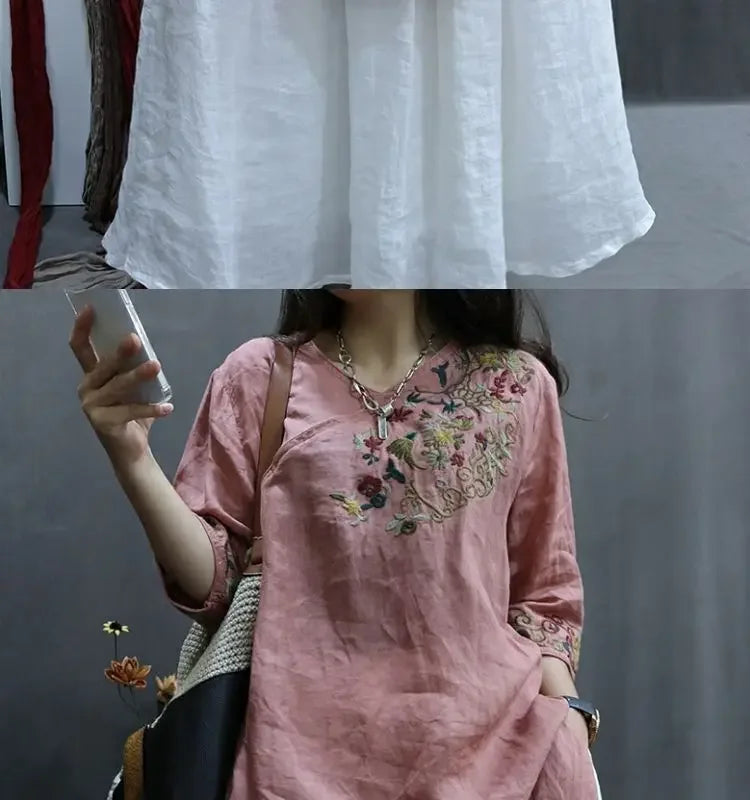 Cotton and Linen Women Clothing 2025 Summer New Print Retro Embroidery Loose Slim and Fashionable Shirt