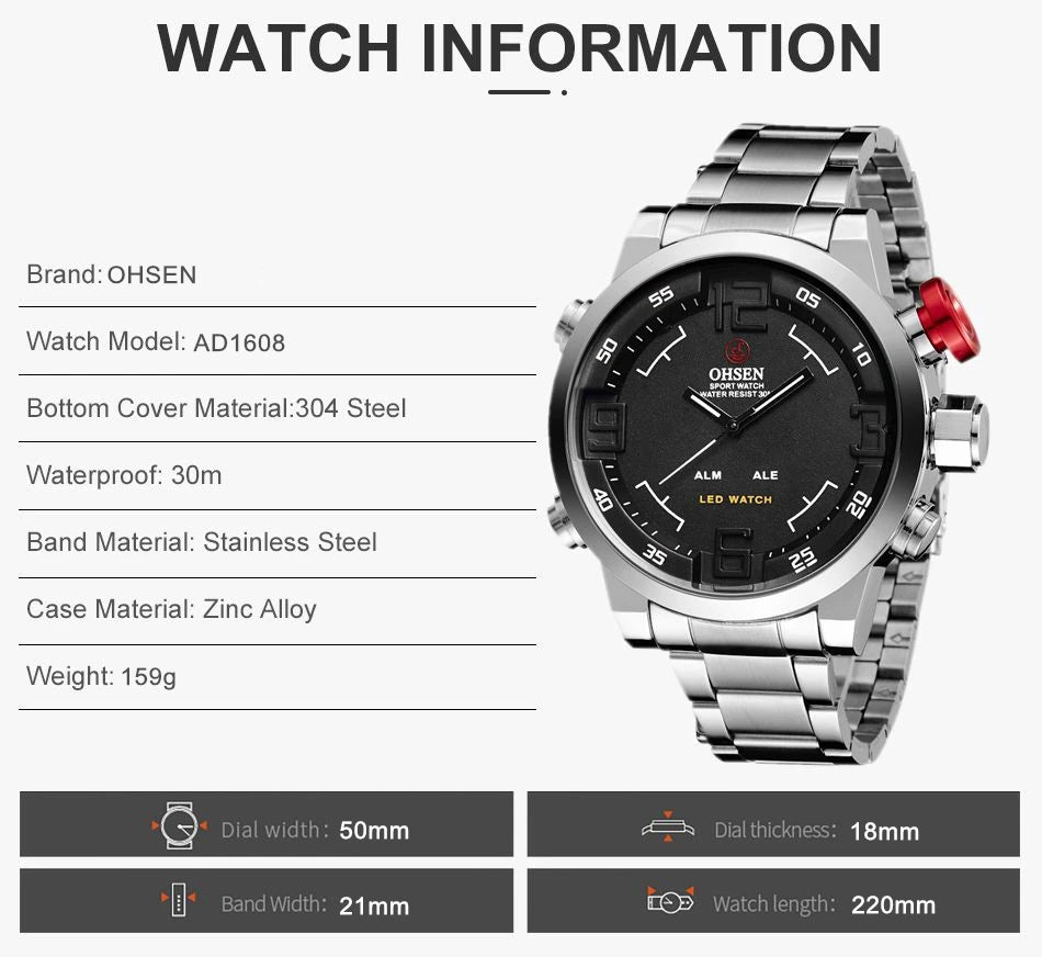 Fashion Sport Watch Men Digital Quartz LED Steel Strap Man Dual Time Watch 3ATM Waterproof Military Wristwatches Relogios
