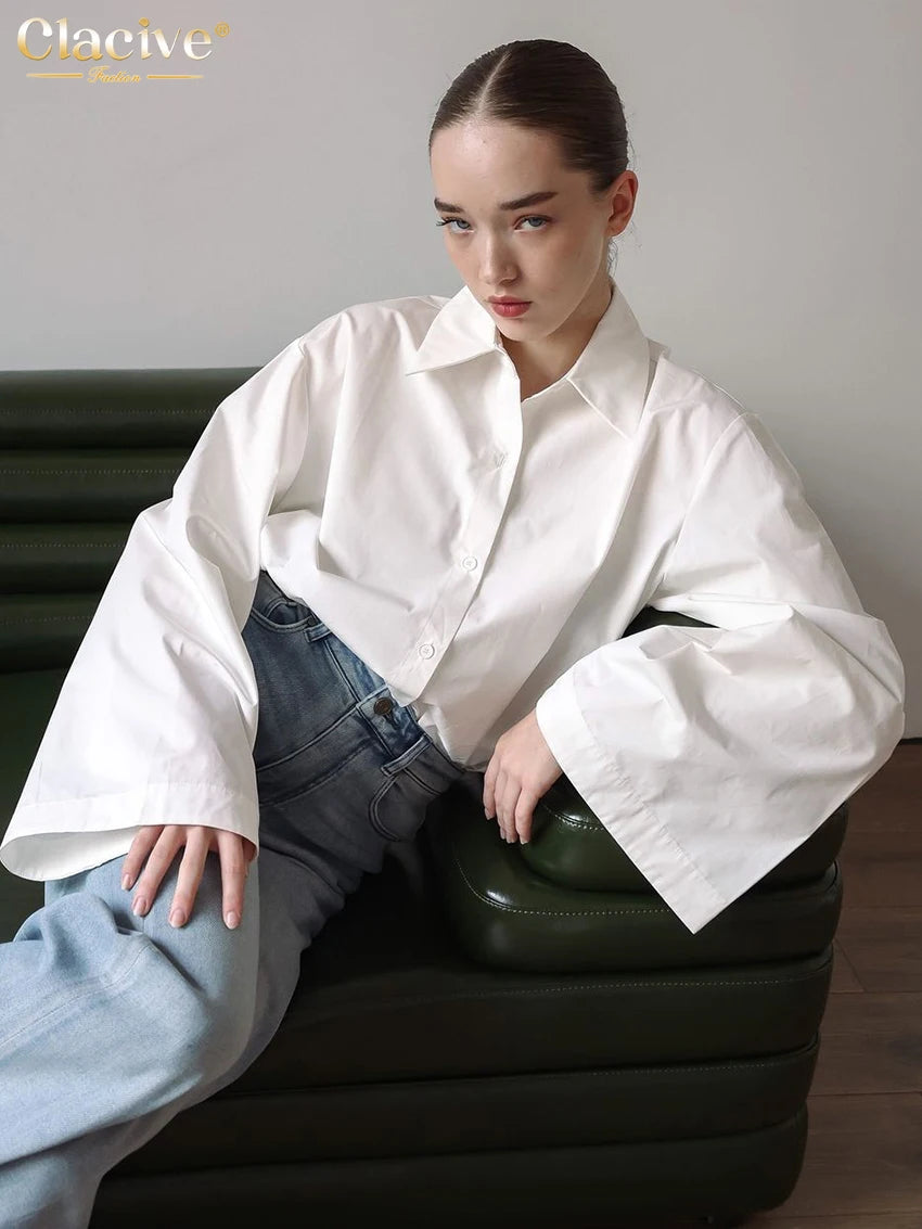 Clacive Fashion Loose White Cotton Women's Blouse 2025 Casual Lapel Long Sleeve Shirt Elegant Classic Solid Top Female Clothing