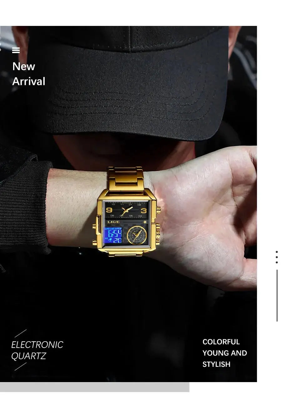 LIGE Luxury Original Men Sports Wrist Watch Gold Quartz Steel Waterproof Dual Display Clock Watches For Men Relogio Masculino