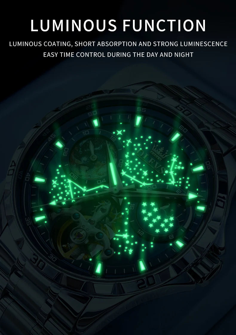 OLEVS Flywheel Skeleton Automatic Watch for Men Luminous Starry Sky Waterproof Business Wristwatch Mechanical Watch