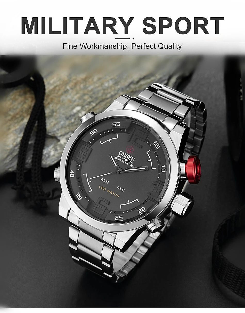 Fashion Sport Watch Men Digital Quartz LED Steel Strap Man Dual Time Watch 3ATM Waterproof Military Wristwatches Relogios