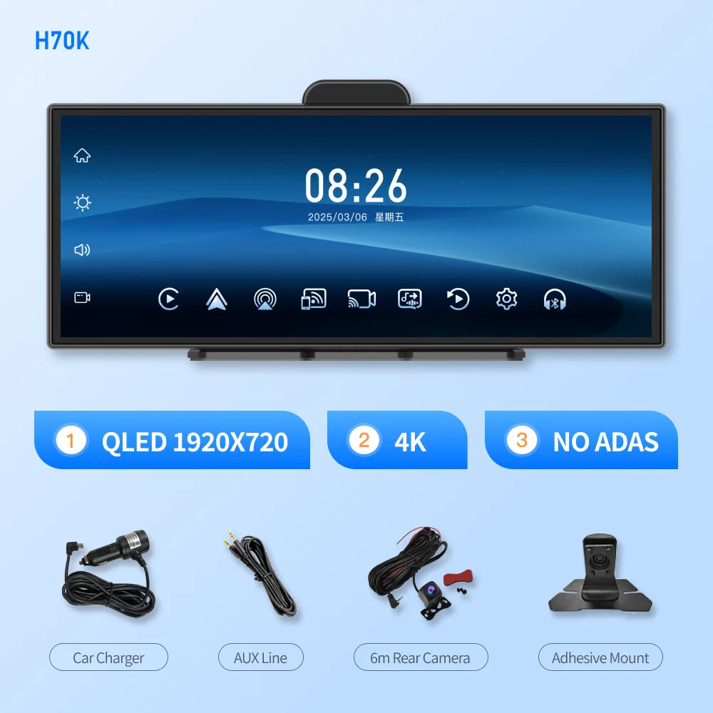 Imagebon H70K 11.4" 4K Dashcam Wireless CarPlay & Android Auto Dual Recording WiFi GPS Navigation AI Voice Night Vision Car DVR