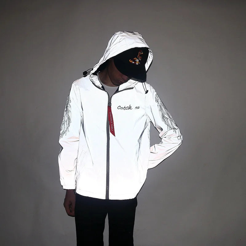 Men's Full Reflective Jacket Casual Women Windbreaker Hip Hop Hooded Coat Waterproof Printed Streetwear Night Shiny Jackets 5XL
