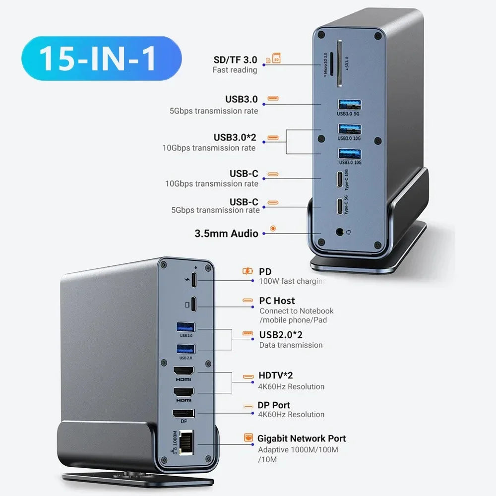 15 in 1 USB C Docking Station 4K HD Vertical Hub with Triple Monitor RJ45 1000M,USB 3.0/2.0,PD 3.0,SD/TF,Audio 3.5 for Laptop PC