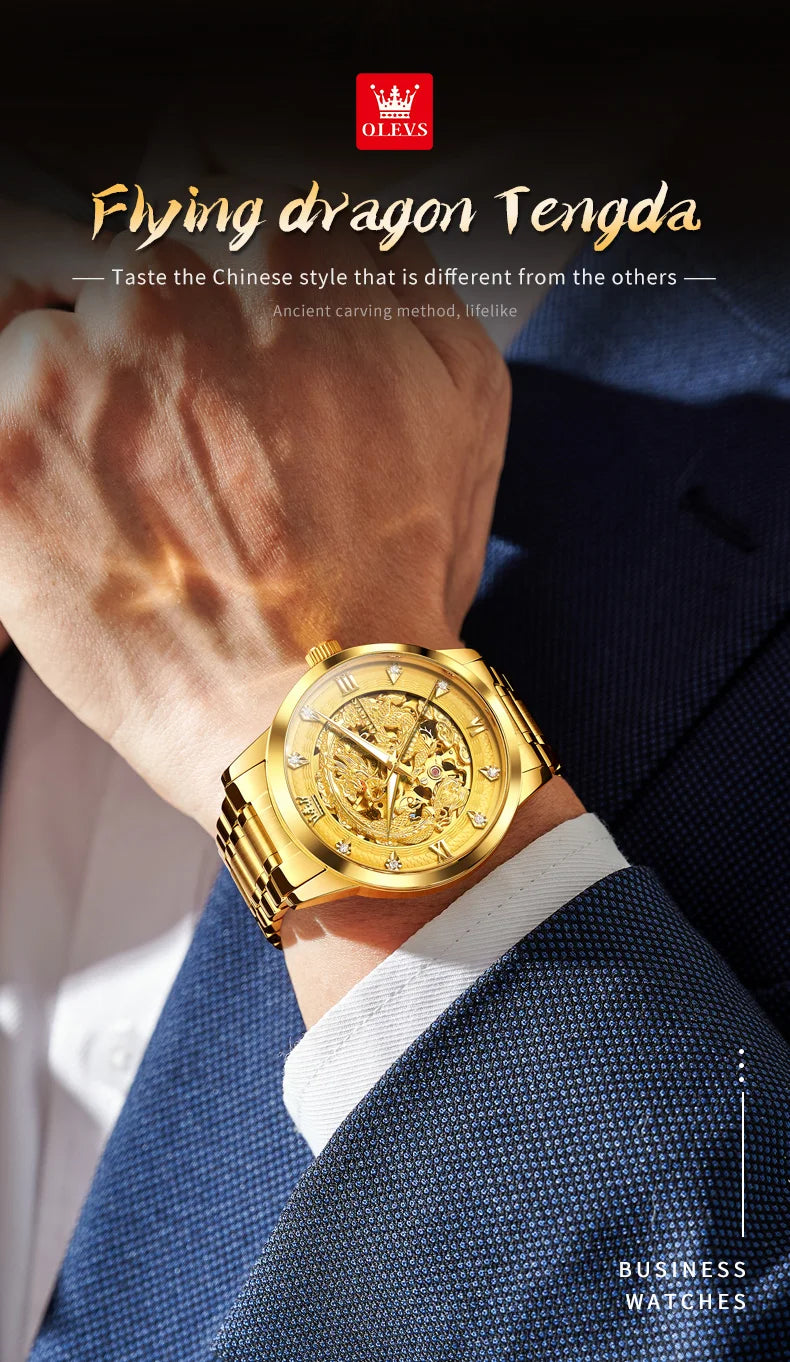 OLEVS Japan Automatic Mechanical Men's Watches High-end Luxury Brand Original Stainless Steel Hollowed Dragon Watch for Men 7027