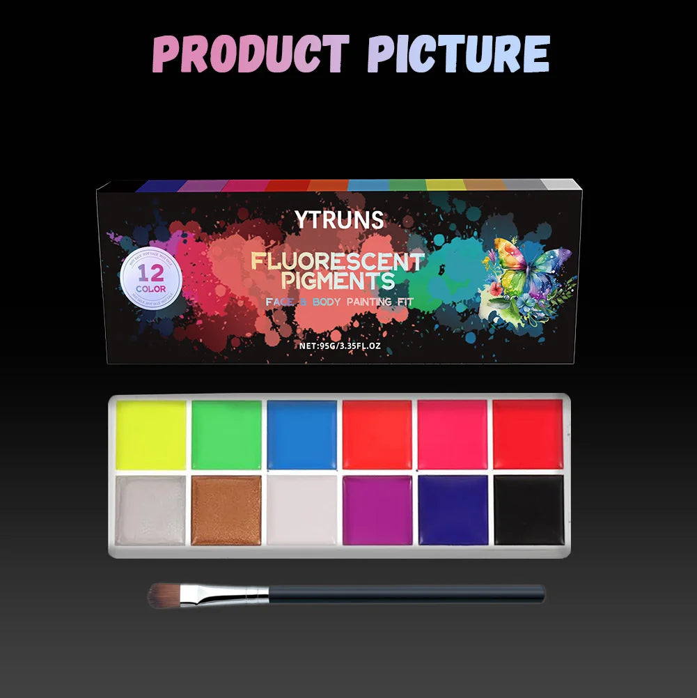 12-Color UV Glow Face and Body Paint Makeup Palette Set - Vibrant, Waterproof, Long-Lasting Halloween, Cosplay and Costume Makeu