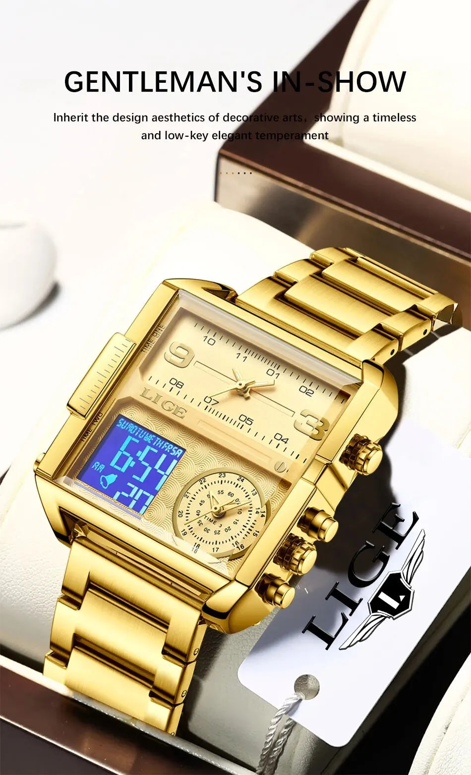 LIGE Luxury Original Men Sports Wrist Watch Gold Quartz Steel Waterproof Dual Display Clock Watches For Men Relogio Masculino