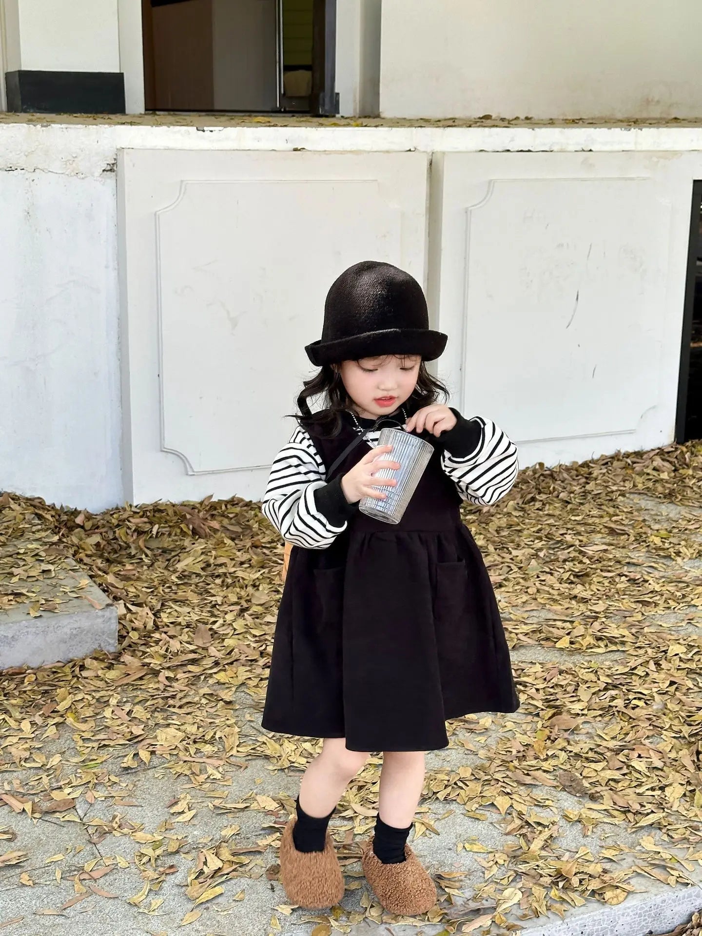 Clothing Suit Girls' Striped Long-Sleeved Sweater Plus Corduroy Vest Skirt  Autumn and Winter Clothing New Suit