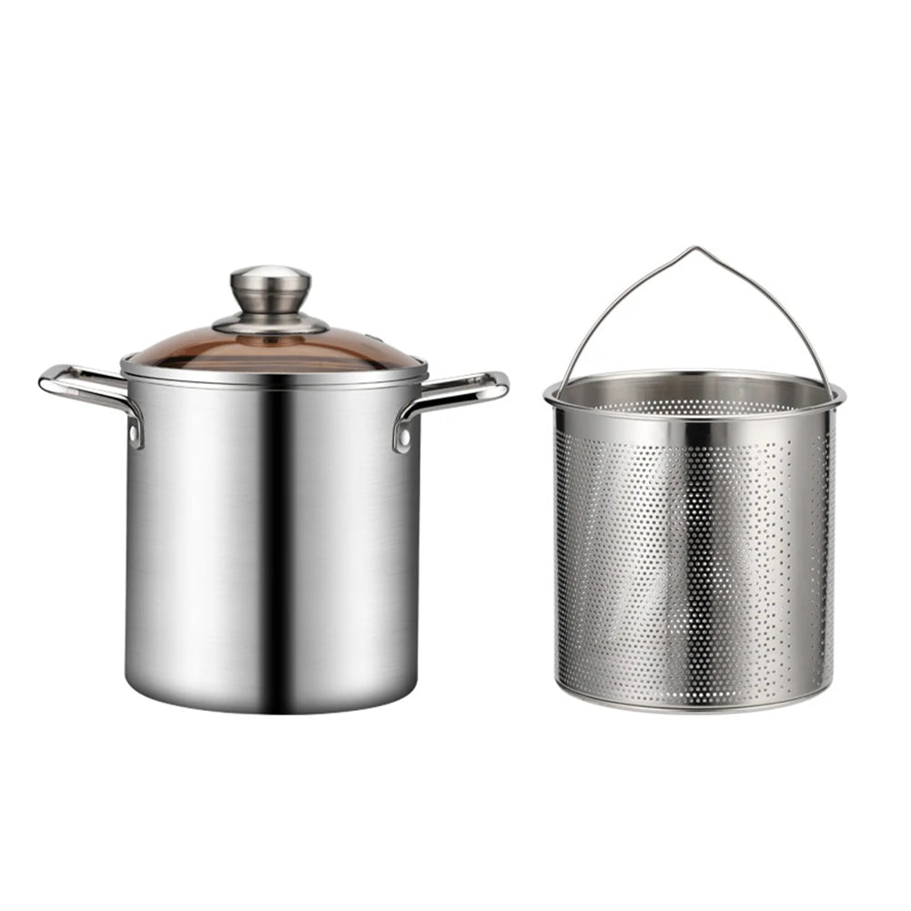 1Pc Silver Stainless Steel Frying Pot With Basket Multipurpose Deep Frying Pot Milk Pot Soup Pot Kitchen Supplies Cooker