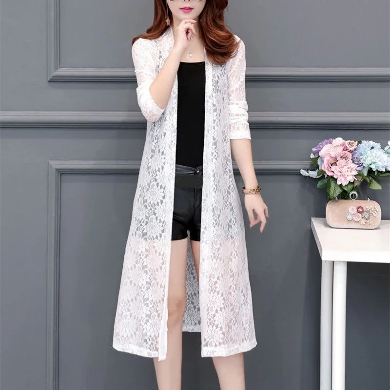 Women Lace Cardigan Mid-length Summer Mesh Shawl Loose Over-the-knee Sun Protection Clothing Women Jacket Shirt Outerwear