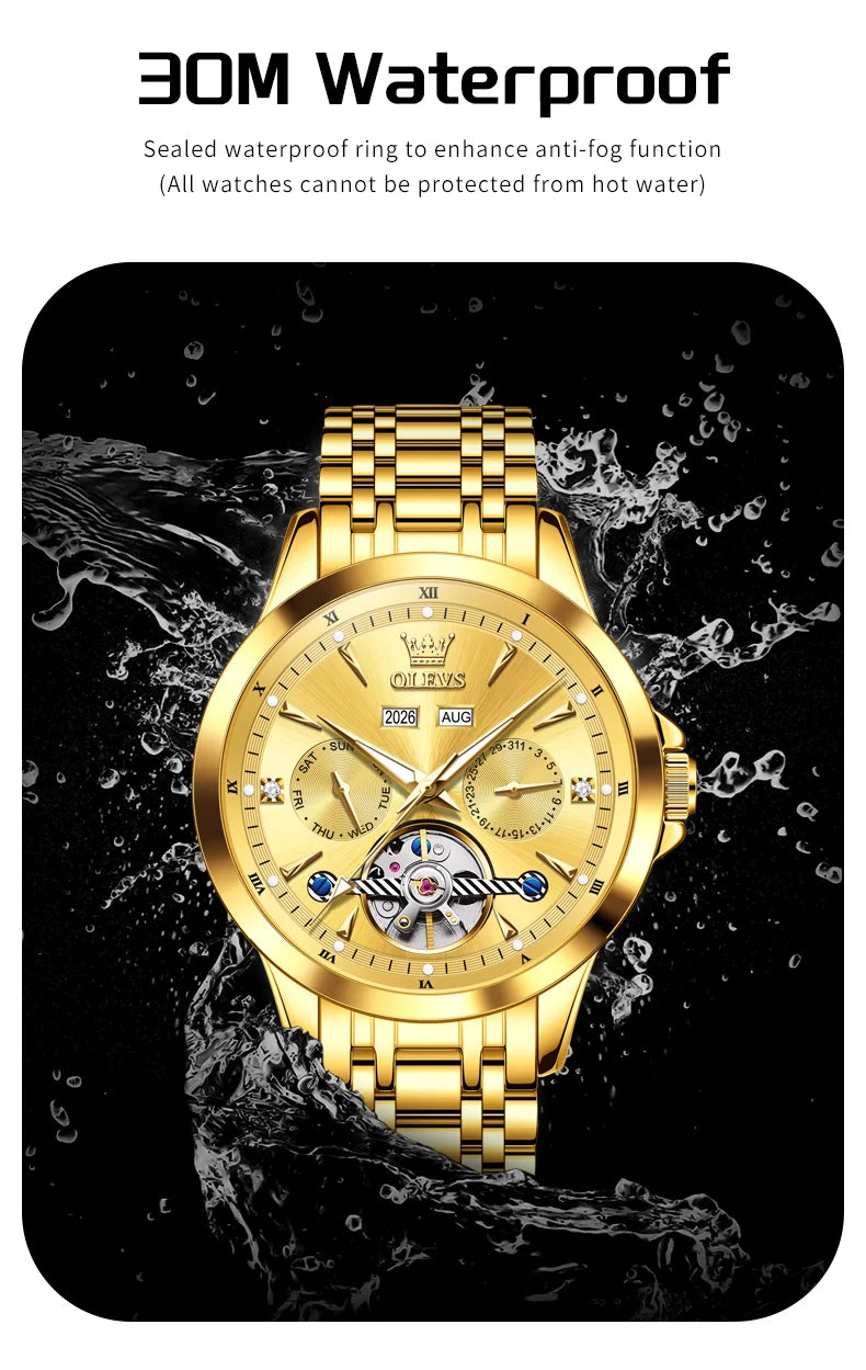 OLEVS 7091 Mens Watch Original Flywheel Automatic Mechanical Watch For Man Perpetual Calendar Waterproof Luminous Luxury Reloj