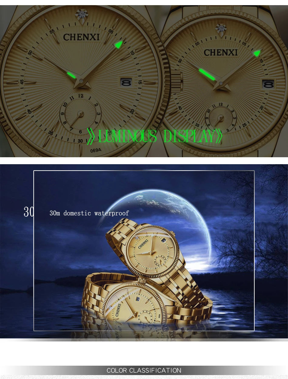 CHENXI Luxury Brand Casual Couple Watch Golden Stainless Steel Quartz Watch for Men's and Women's Waterproof Luminous Wristwatch