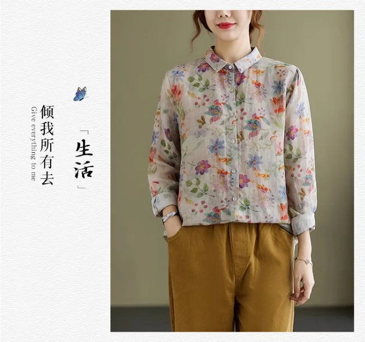 Women's Clothing Shirts Blouse Camisas Women Shirts Vintage Blusa Mujer Cotton Linen Casual Print Long Sleeve Flower Autumn