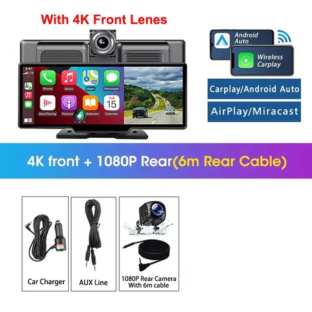 Srnubi 10.26" Dash Cam Rearview Carplay Android Auto 4K DVR Navigation Player Dual Len Recorder Dashboard WIFI BT