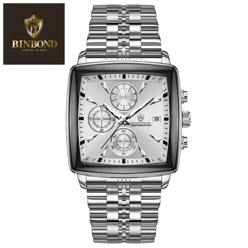 BINBOND Luxury Square Sport Man Wristwatch Waterproof Luminous Chronograph Quartz Men's Watches Stainless Steel Men Watch Reloj