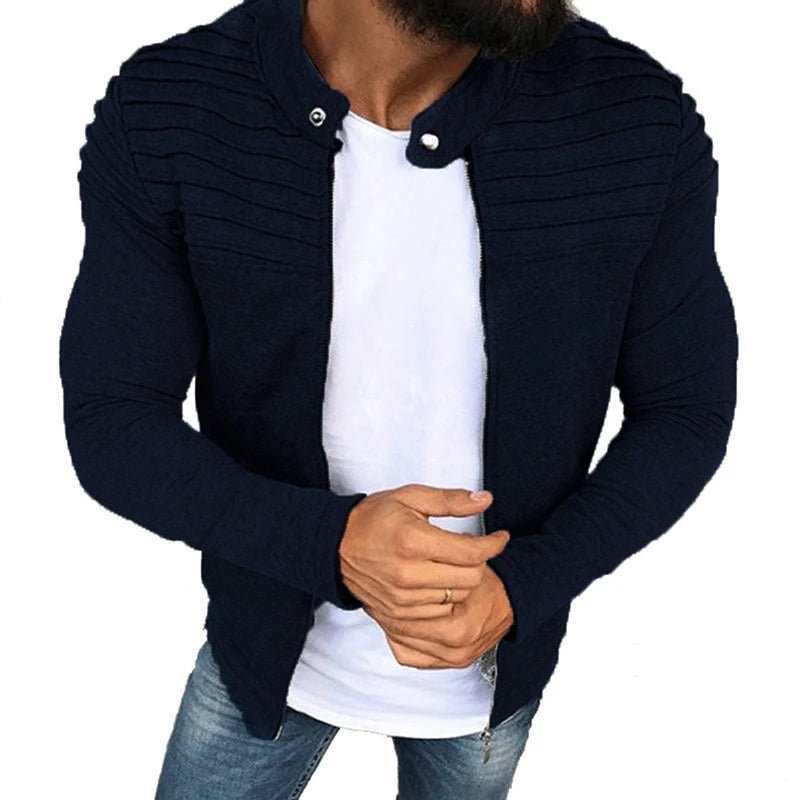 Autumn Sports Casual Men Jacket Men's Pleats Slim Stripe Fit Jacket Zipper Long Sleeve Coat Cardigan Coat