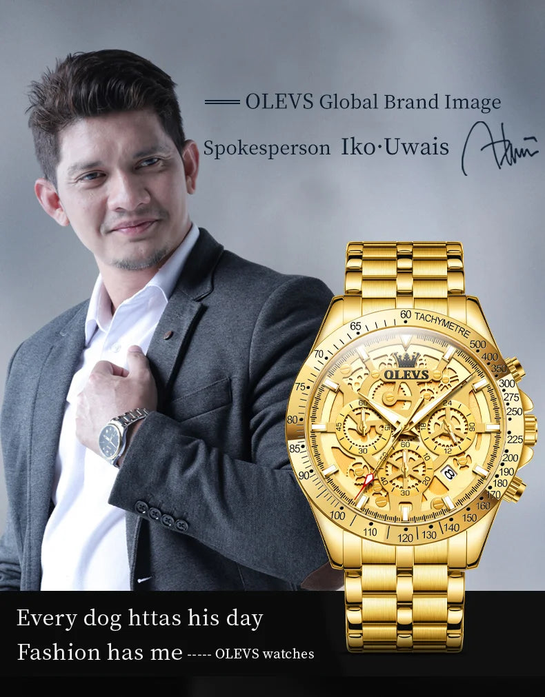 OLEVS Men's Watches Gold Luxury Hollow Out Style Original Quartz Watch for Man Waterproof Luminous Chronograph Date 24 Hours