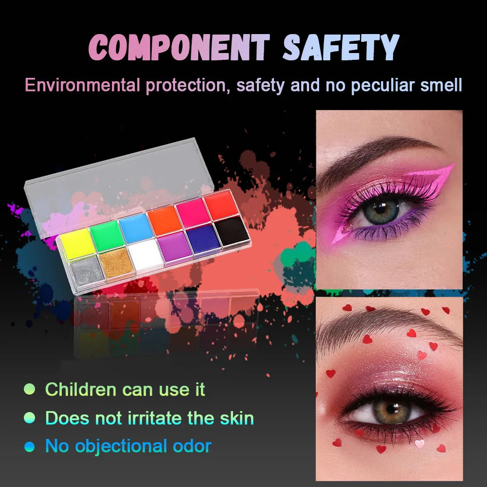 12-Color UV Glow Face and Body Paint Makeup Palette Set - Vibrant, Waterproof, Long-Lasting Halloween, Cosplay and Costume Makeu