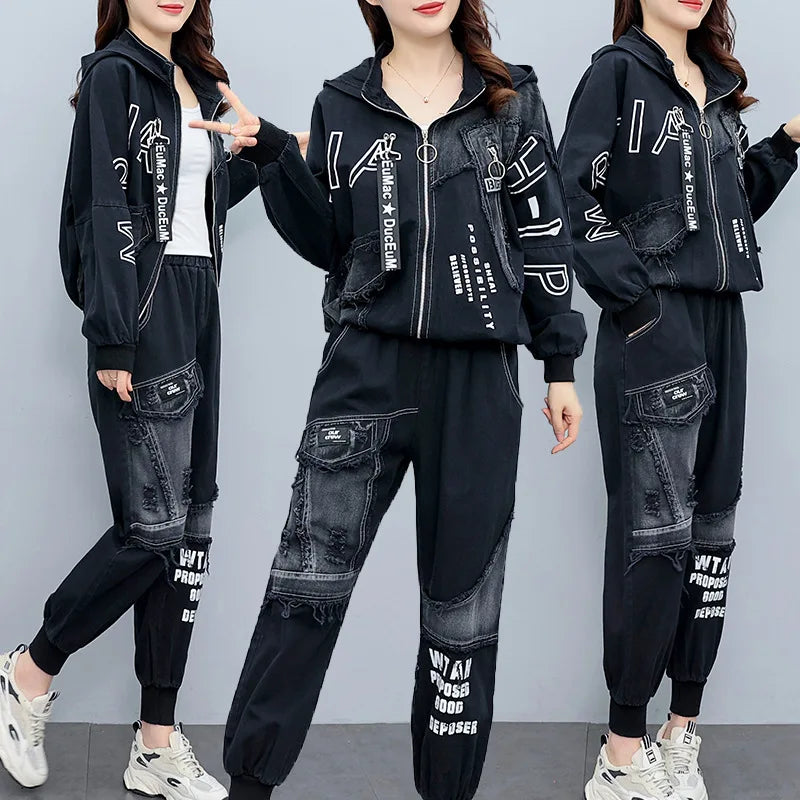 Clothing Suits 2025 Spring autumn Punk Outfits Womens Two Pieces Sets British Loose Casual Hooded Jackets Denim Pants