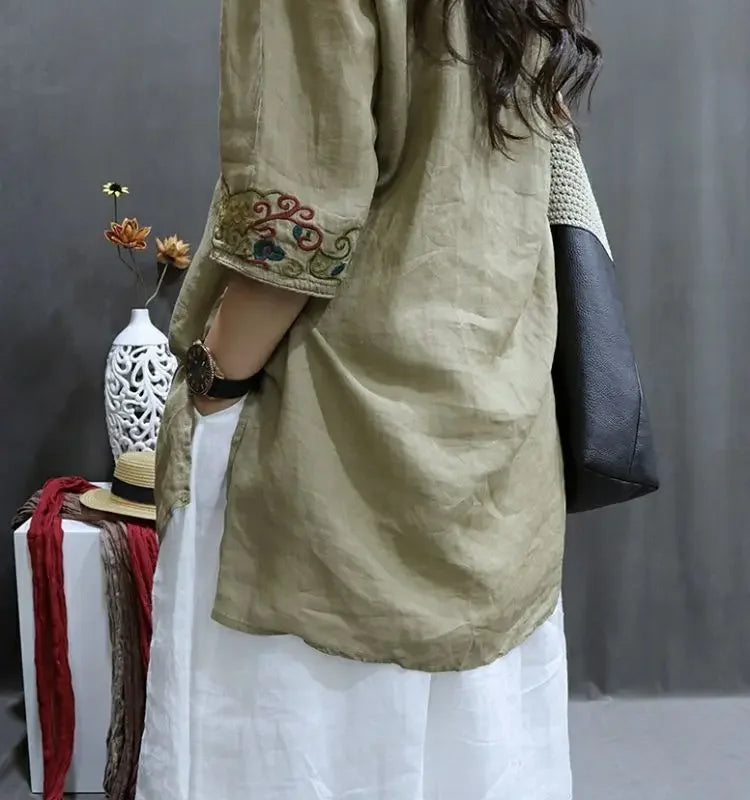 Cotton and Linen Women Clothing 2025 Summer New Print Retro Embroidery Loose Slim and Fashionable Shirt