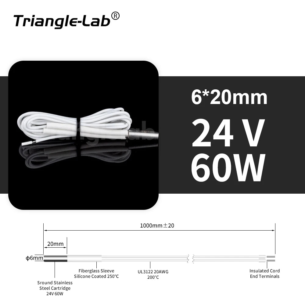 Trianglelab 3D Printer 6*20MM 12V/24V 40W Heater Cartridge With 100CM cable For 3D Printer for PT100 HOTEND Volcano MK8 MK9