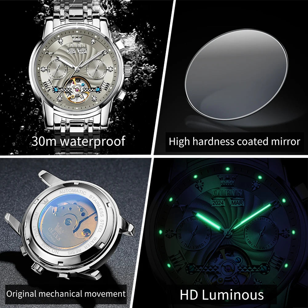 OLEVS Men's Watches 7088 Luxury Trend Fashion Automatic Mechanical Watch for Man Hollow Quartz Movement Complete Calendar Week