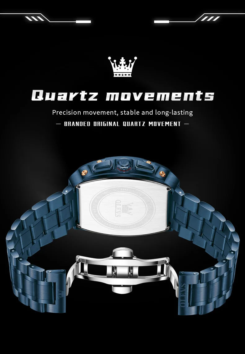 OLEVS 2942 New Mens Watch Original Tonneau Quartz Watch Waterproof Luminous Stainless Steel Watches For Men Gifts Box