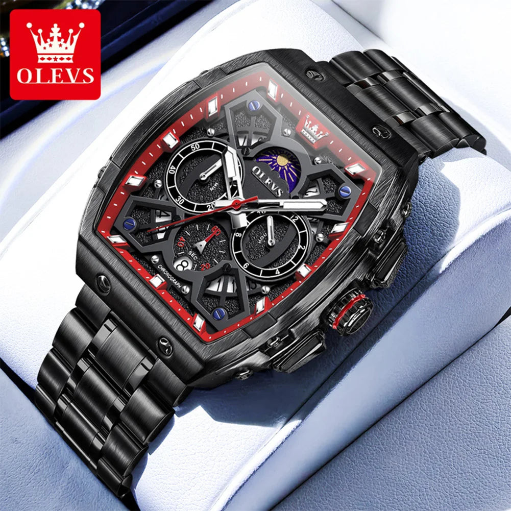 OLEVS 2942 New Mens Watch Original Tonneau Quartz Watch Waterproof Luminous Stainless Steel Watches For Men Gifts Box