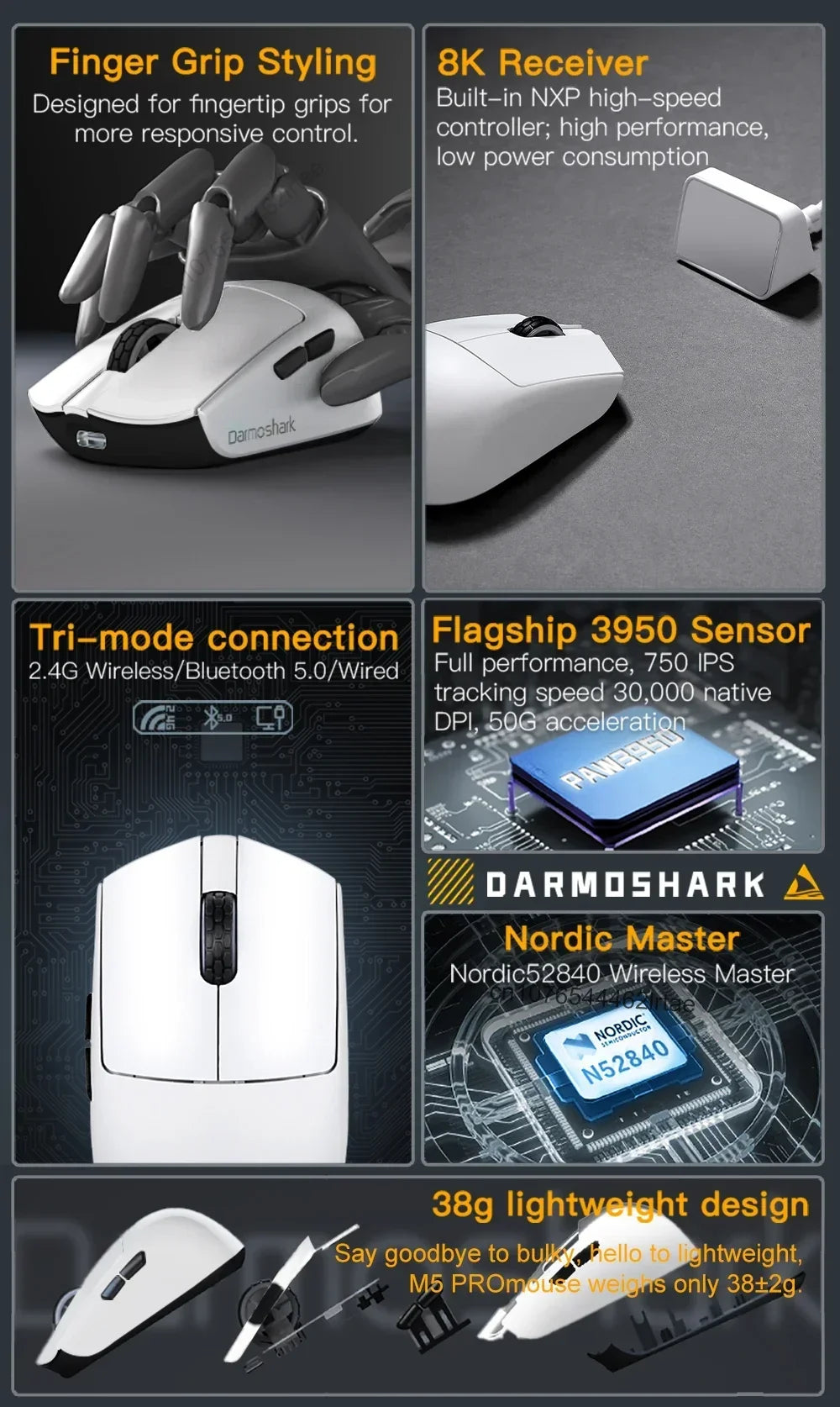 Darmoshark  M5 Pro Wireless Mouse PAW3950 8K Bluetooth Tri-Mode Connection Gaming Macro Mouse 30000DPI N52840 38g Lightweight