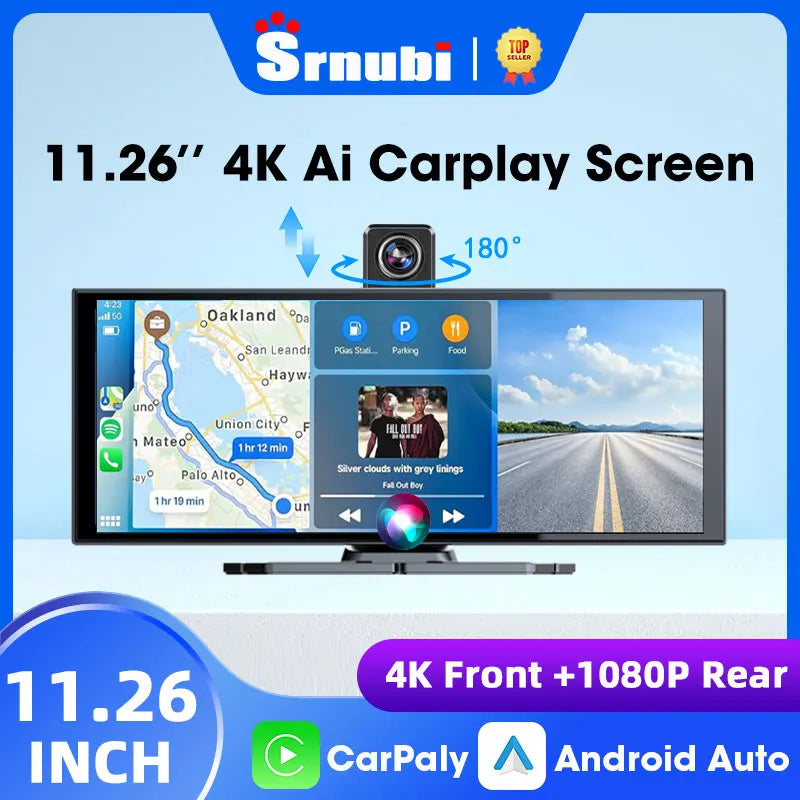 Srnubi Universal 11.26” Car DVR Wireless Carplay Android Auto 4K Front 1080P Rear Camera Dashcam GPS Navi Dashboard 24H Parking