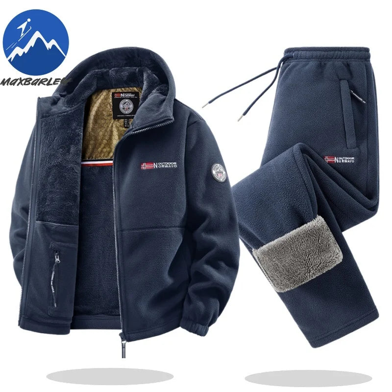 Maxbarley Winter Sportswear Set Mens Retro Training Thick Fleece Jacket + Pants Two Piece Set Casual Ski Running Tracksuit Suit