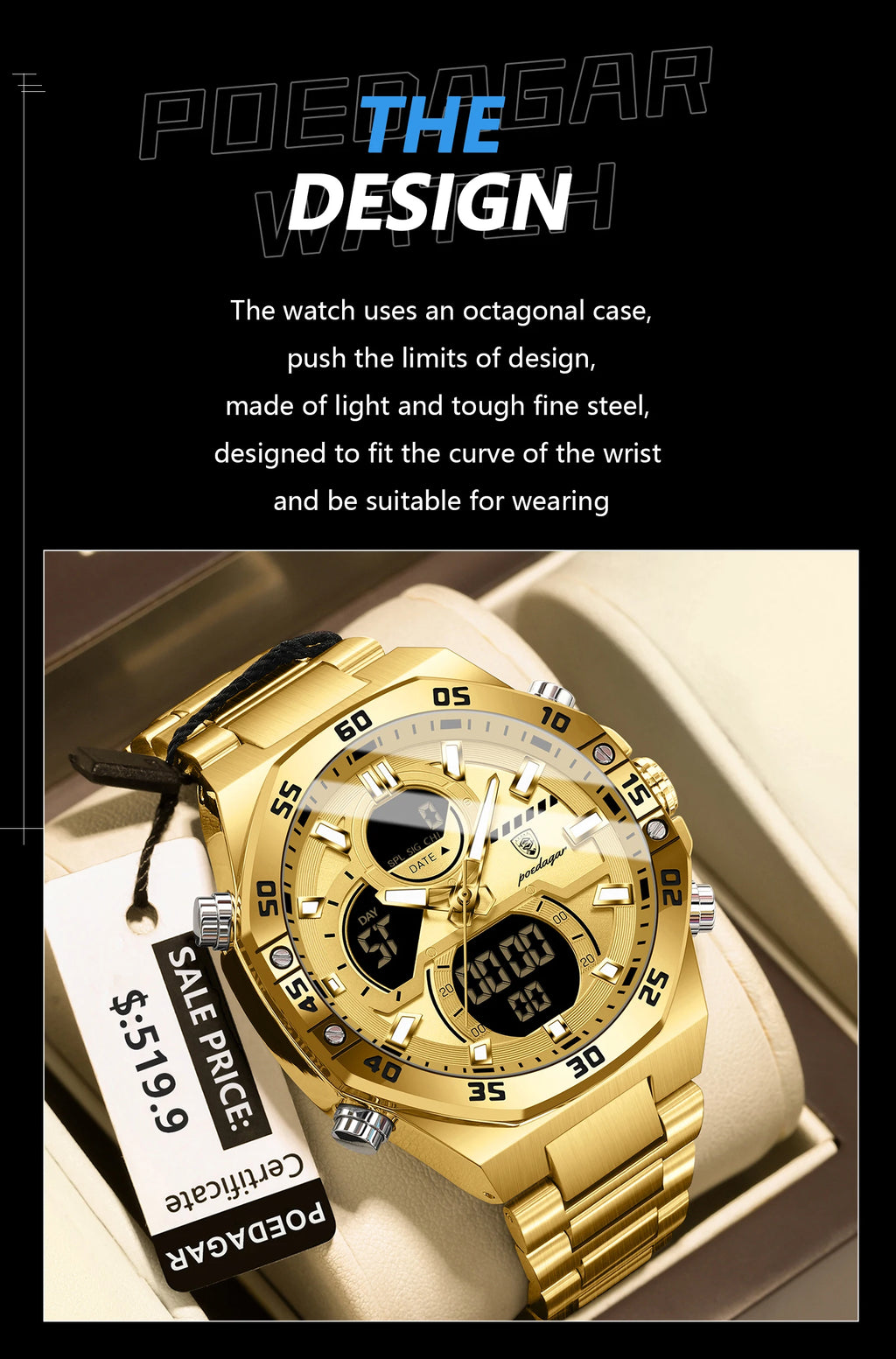 POEDAGAR New Men Clock LED Luminous Waterproof Week Date Military Man Wristwatch Electronic Stainless Steel Quartz Men's Watches