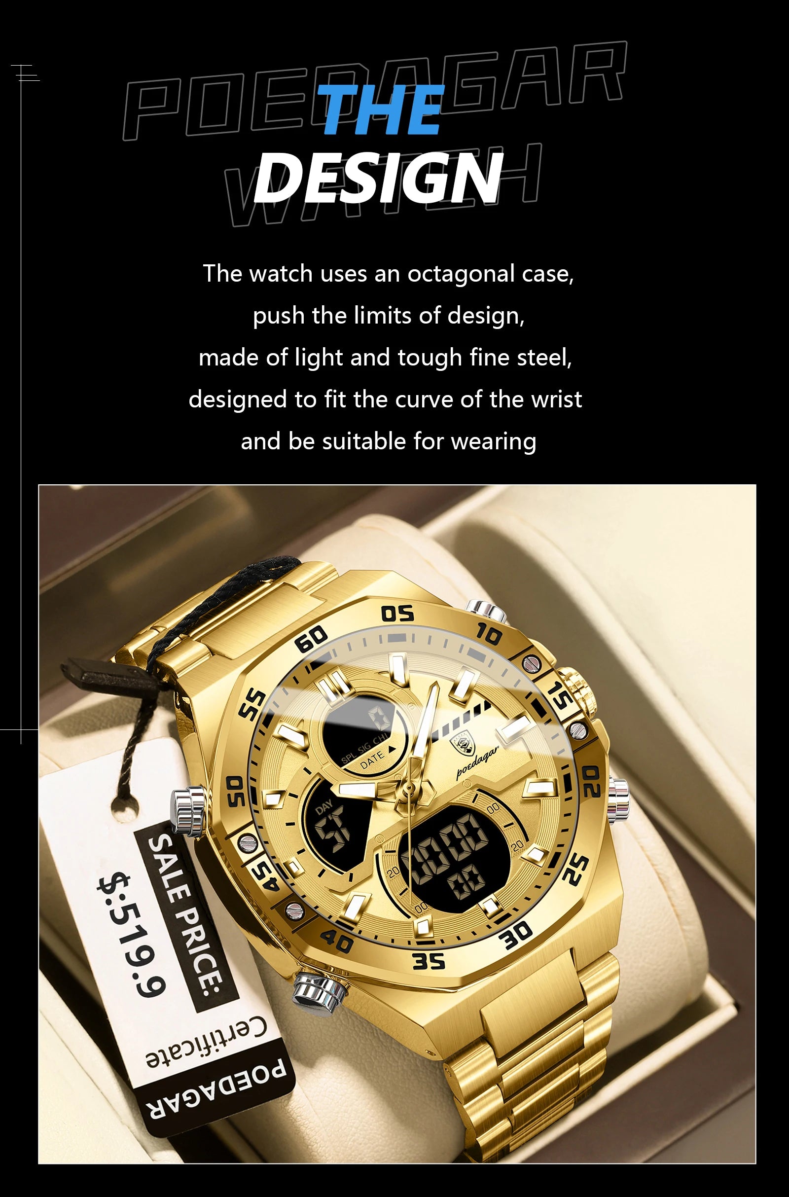 POEDAGAR New Men Clock LED Luminous Waterproof Week Date Military Man Wristwatch Electronic Stainless Steel Quartz Men's Watches