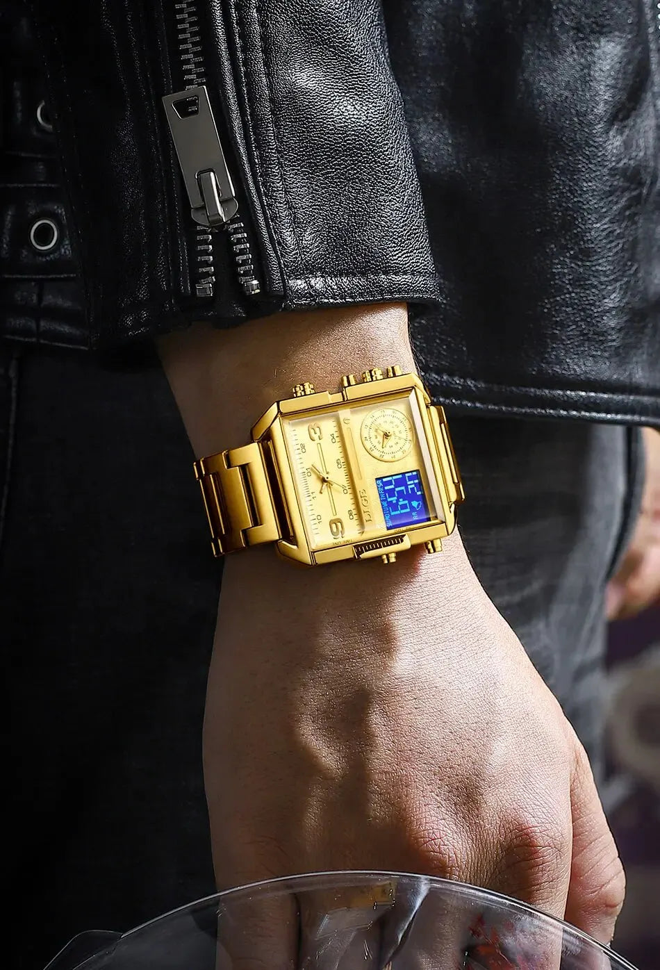 LIGE Luxury Original Men Sports Wrist Watch Gold Quartz Steel Waterproof Dual Display Clock Watches For Men Relogio Masculino