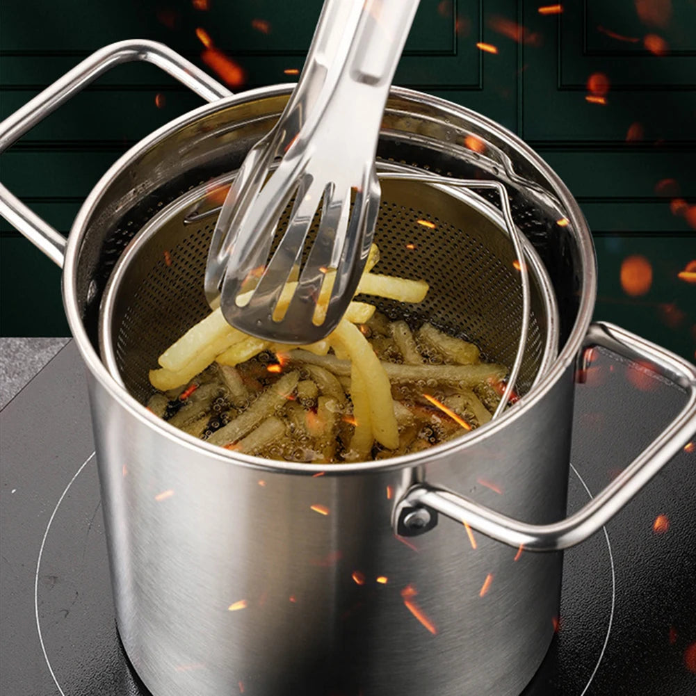 1Pc Silver Stainless Steel Frying Pot With Basket Multipurpose Deep Frying Pot Milk Pot Soup Pot Kitchen Supplies Cooker