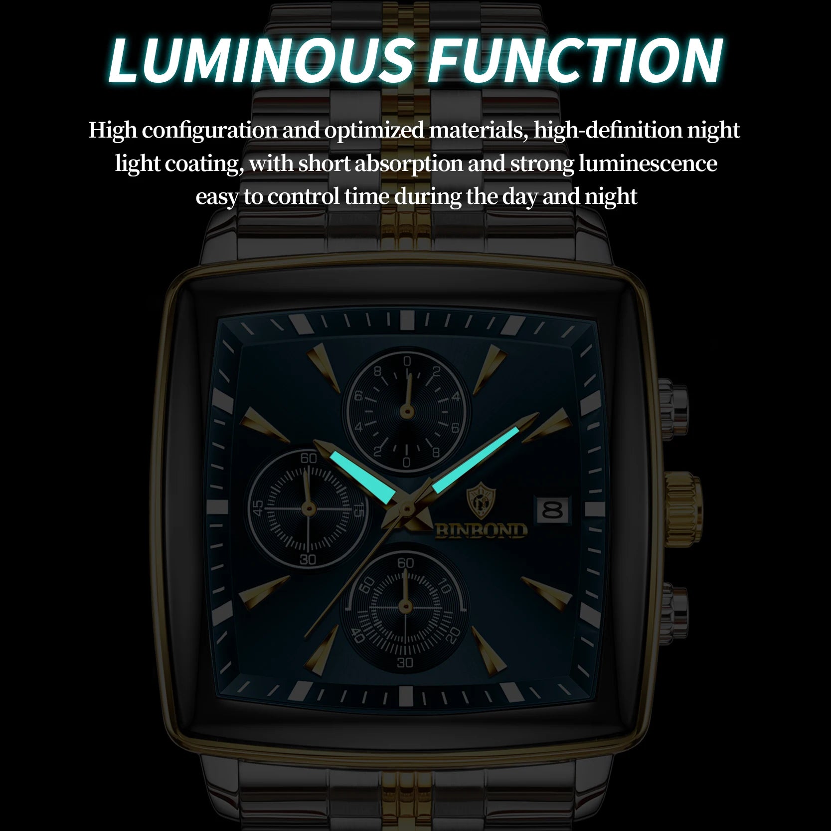 BINBOND Luxury Square Sport Man Wristwatch Waterproof Luminous Chronograph Quartz Men's Watches Stainless Steel Men Watch Reloj