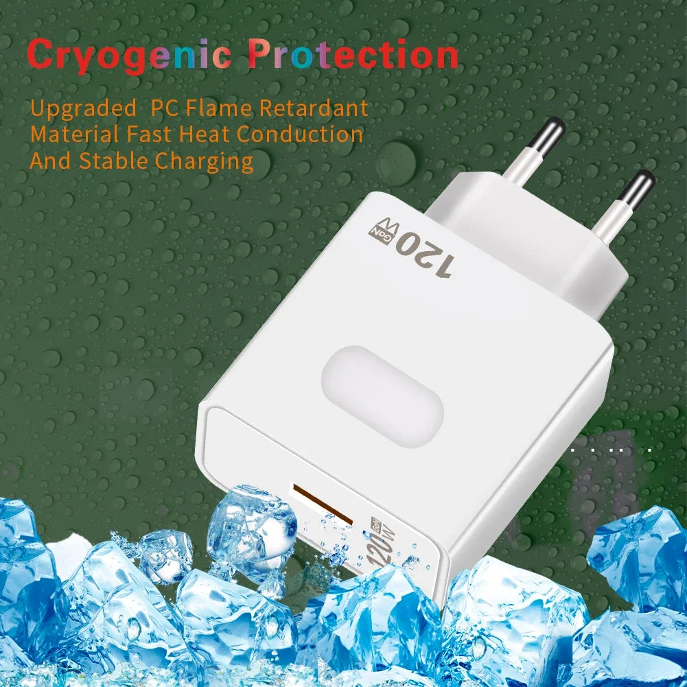 GaN USB Charger Fast Charging 120W Quick Charge QC3.0 Type C Cable Mobile Phone Wall Adapter for Huawei Redmi Xiaomi 15 Oneplus