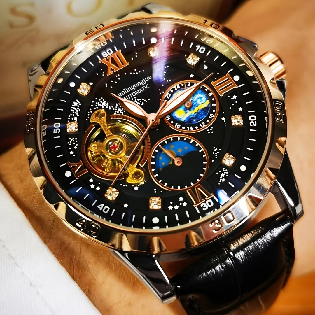 Luxurious Automatic Mechanical Men's Watch, Starry Night Luminous Dial, Elegant Tourbillon Movement, Ideal for Business or Casual Wear, Perfect Christmas or Birthday Gift, Holiday Gift Watch, No Battery Needed