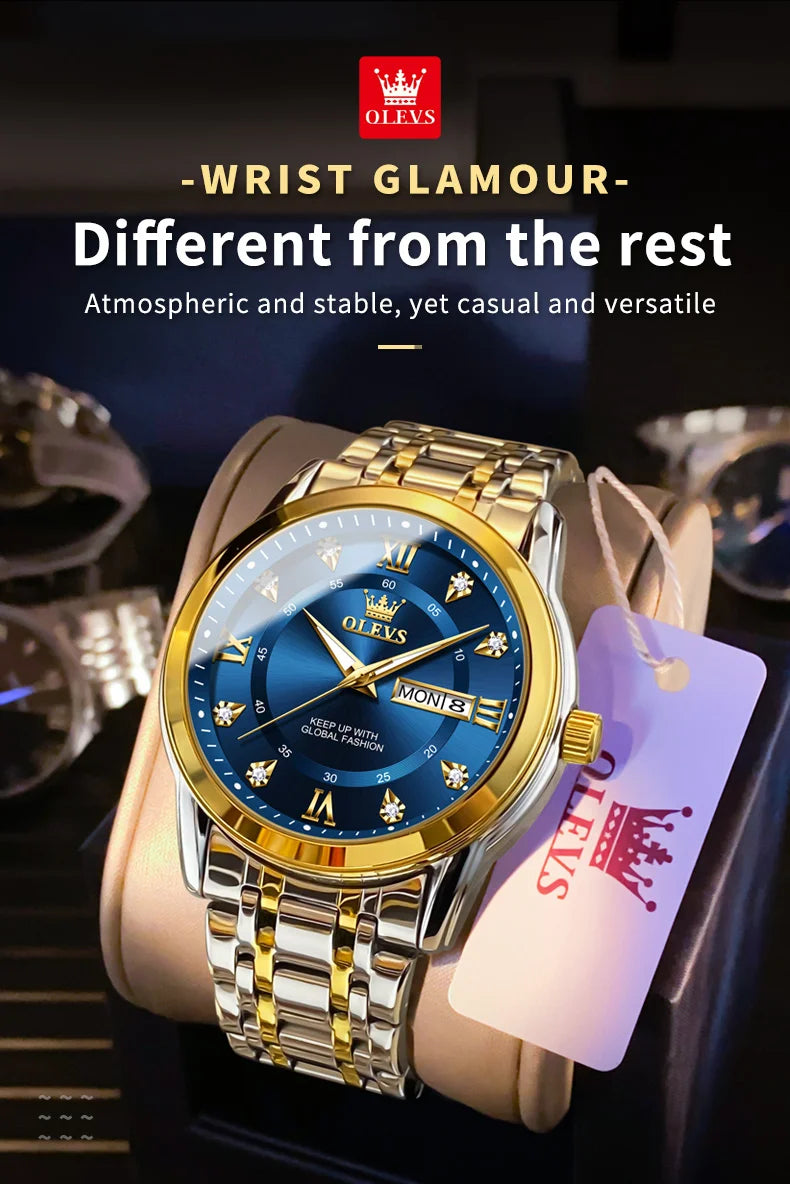 OLEVS Quartz Watch for Men Luxury Diamonds Gold Watch Waterproof Luminous Stainless Steel Business Men's Quartz Watch Mens Watch