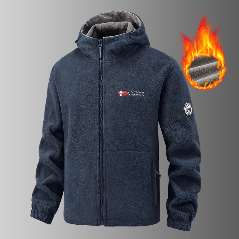 2025 Fleece Men's Coat Thickened Warm Windproof Loose Outdoor Collar Fleece Hooded Jacket Norwegian Printed Good Soldier